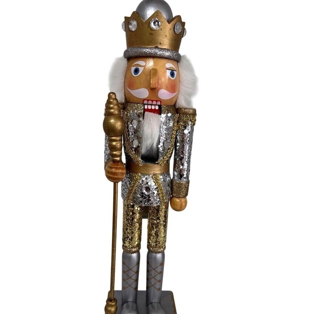 Christmas Nutcracker King Wooden Figure Silver Gold Sequined Glitter 14.5 Inch